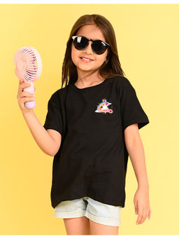 Nusyl - Girls Black Cotton Blend Half Sleeve Oversized T-Shirt