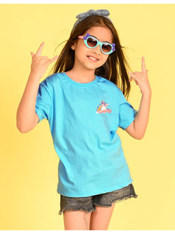 Nusyl - Girls Blue Cotton Blend Half Sleeve Oversized T-Shirt