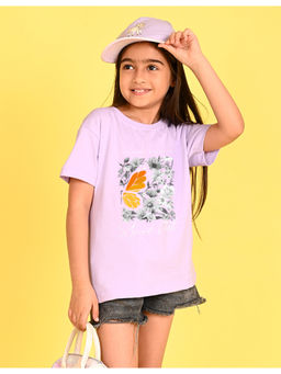 Nusyl - Girls Purple Floral Printed Cotton Oversized T-Shirt