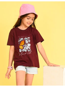Nusyl - Girls Wine Floral Printed Cotton Oversized T-Shirt