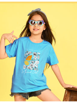 Nusyl - Girls Blue Floral Printed Cotton Oversized T-Shirt
