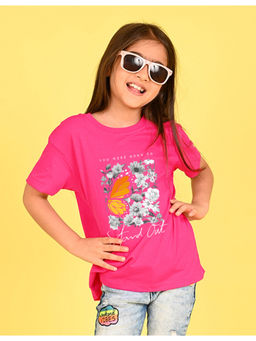 Nusyl - Girls Pink Floral Printed Cotton Oversized T-Shirt