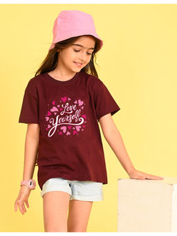 Nusyl - Girls Wine Love Yourself Text Cotton Oversized T-Shirt