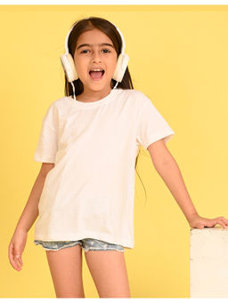 Nusyl - Girls White Printed Cotton Oversized T-Shirt