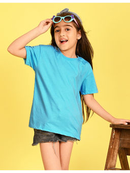 Nusyl - Girls Blue Printed Cotton Oversized T-Shirt