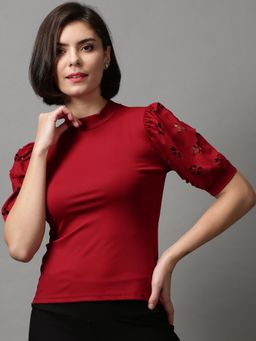 SHOWOFF - Women's Solid High Neck Maroon Regular Top
