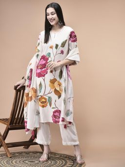 Shree - Women Liva Off White Floral Print Kurta with Pant & Dupatta