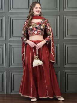 Shree - Women Chinon Embroidered Maroon Georgette Choli with Lehenga & Dupatta