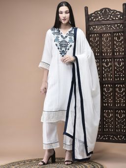 Shree - Women Viscose White Embroidered Kurta with Pant & Dupatta
