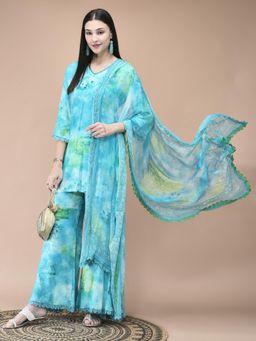 Shree - Women Liva Aqua Blue Kurta with Sharara & Dupatta