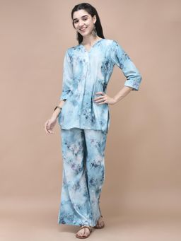 Shree - Women Linen Blue Floral Co-Ord Set