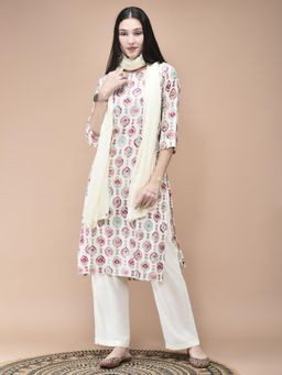 Shree - Women Liva Off White Ikat Print Kurta with Pant & Dupatta