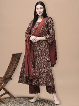 Shree - Women Cotton Rust Printed Kurta with Pant & Dupatta