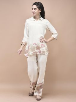 Shree - Women Silk Blend Off White Floral Print Co-Ord Set
