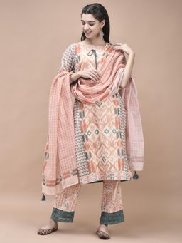 Shree - Women Linen Orange Printed Kurta with Pant & Dupatta