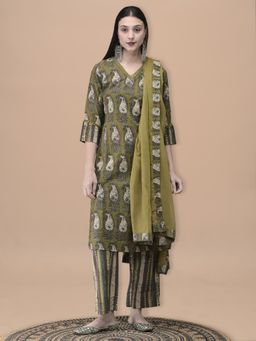 Shree - Women Cotton Olive Paisley Print Kurta with Pant & Dupatta