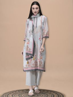 Shree - Women Cotton Grey Floral Print Kurta with Pant & Dupatta