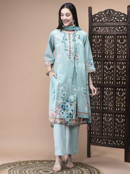 Shree - Women Cotton Blue Floral Print Kurta with Pant & Dupatta