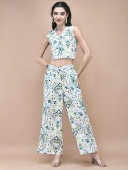 Shree - Women Linen Green Ikat Print Co-Ord Set