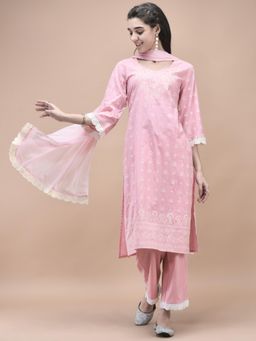 Shree - Women Cotton Pink Floral Kurta with Pant & Dupatta