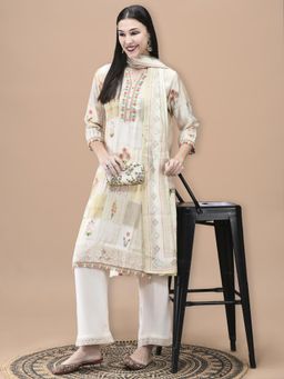 Shree - Women Liva Cream Floral Print Kurta with Pant & Dupatta