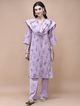 Shree - Women Cotton Lavender Floral Print Kurta with Pant & Dupatta