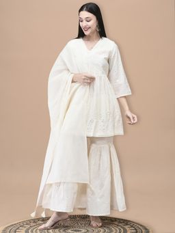 Shree - Women Cotton Off White Embroidered Kurta with Sharara & Dupatta