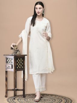 Shree - Women Cotton Off White Embroidered Kurta with Pant & Dupatta