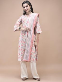 Shree - Women Linen Peach Multi Colour Floral Print Kurta with Pant & Dupatta