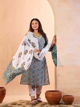 Yufta - Plus Size Silk Blend Blue Straight Kurta with Pant & Dupatta