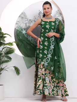 Yufta - Green Cotton Sleeveless Kurta with Palazzo & Dupatta