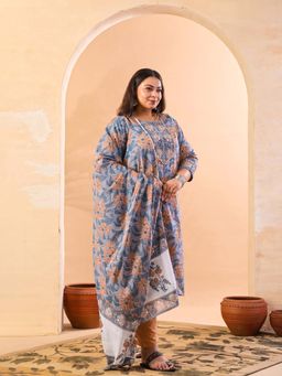 Yufta - Plus Size Silk Blend Grey Straight Kurta with Pant & Dupatta