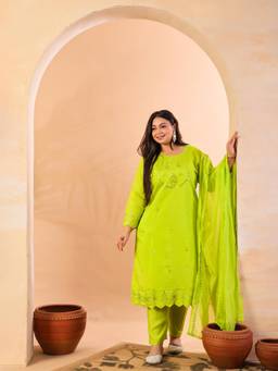 Yufta - Plus Size Silk Blend Lime Green Straight Kurta with Pant & Dupatta