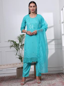 Yufta - Silk Blend Sea Green Straight Kurta with Pant & Dupatta