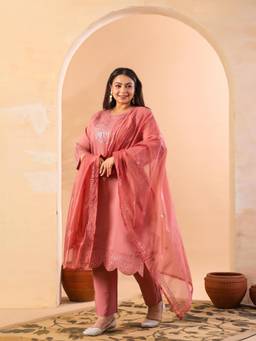 Yufta - Plus Size Silk Blend Mauve Straight Kurta with Pant & Dupatta
