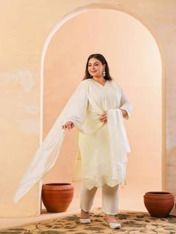 Yufta - Plus Size Silk Blend Cream Straight Kurta with Pant & Dupatta