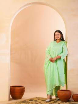 Yufta - Plus Size Silk Blend Pastel Green Straight Kurta with Pant & Dupatta