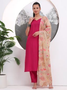 Yufta - Pink Solid Straight Silk Blend Sleeveless Kurta with Pant & Dupatta