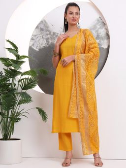 Yufta - Yellow Solid Straight Silk Blend Kurta with Pant & Dupatta