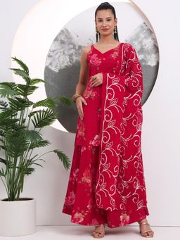 Yufta - Red Floral Straight Silk Blend Kurta with Palazzo & Dupatta