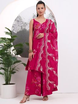Yufta - Hot Pink Silk Blend A-Line Kurta with Palazzo & Dupatta