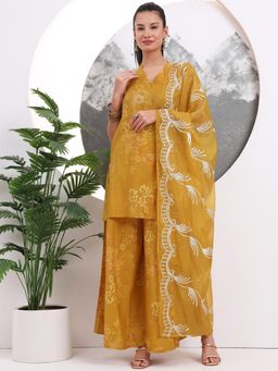 Yufta - Mustard Silk Blend Halter Neck Kurta with Palazzo & Dupatta