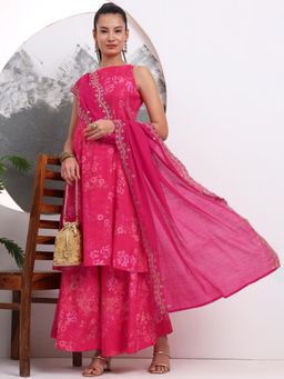 Yufta - Pink Silk Blend Boat Neck A-Line Kurta with Palazzo & Dupatta