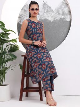 Yufta - Blue Printed A-Line Pure Cotton Kurta with Pant