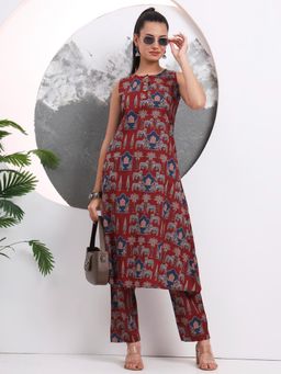 Yufta - Rust Printed A-Line Pure Cotton Kurta with Pant