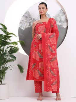 Yufta - Red Floral Sequins Work Cotton Kurta with Pant & Dupatta
