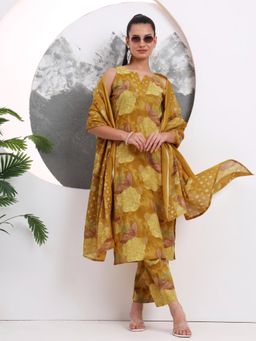 Yufta - Mustard Floral Sequins Work Cotton Straight Kurta with Pant & Dupatta