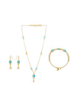 Ribbon Candy - Festive Gold-Plated Light- Blue Beaded Earrings, Necklace & Bracelet (Set Of 3)