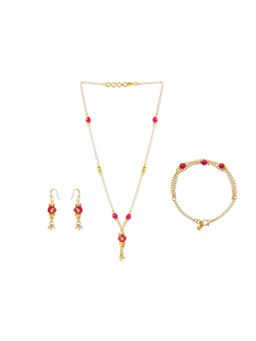Ribbon Candy - Festive Gold-Plated Red Beaded Earrings, Necklace & Bracelet (Set Of 3)