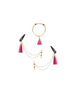 Ribbon Candy - Festive Pink Tassle Chain Earrings with Bracelet and Tic Tac Pins (Set Of 4)
